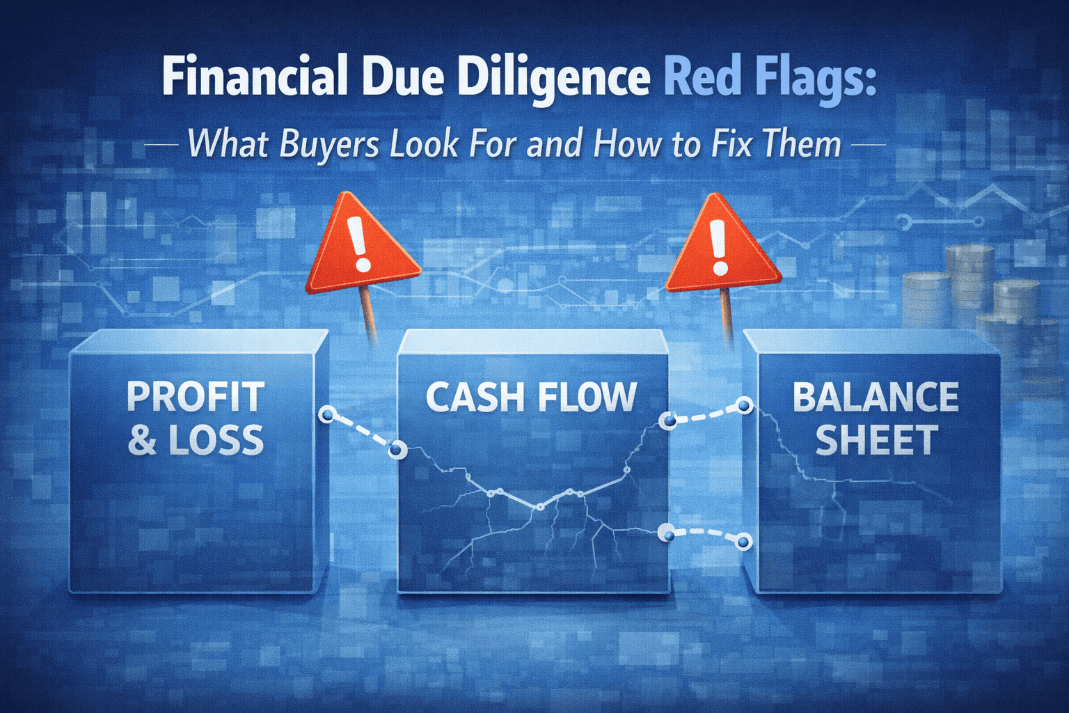Graphic titled “Financial Due Diligence Red Flags: What Buyers Look For and How to Fix Them.” It shows three labeled boxes,“Profit & Loss,” “Cash Flow,” and “Balance Sheet”—connected by a fluctuating line graph. Red warning signs with exclamation marks appear above the boxes, suggesting potential financial issues in each area.