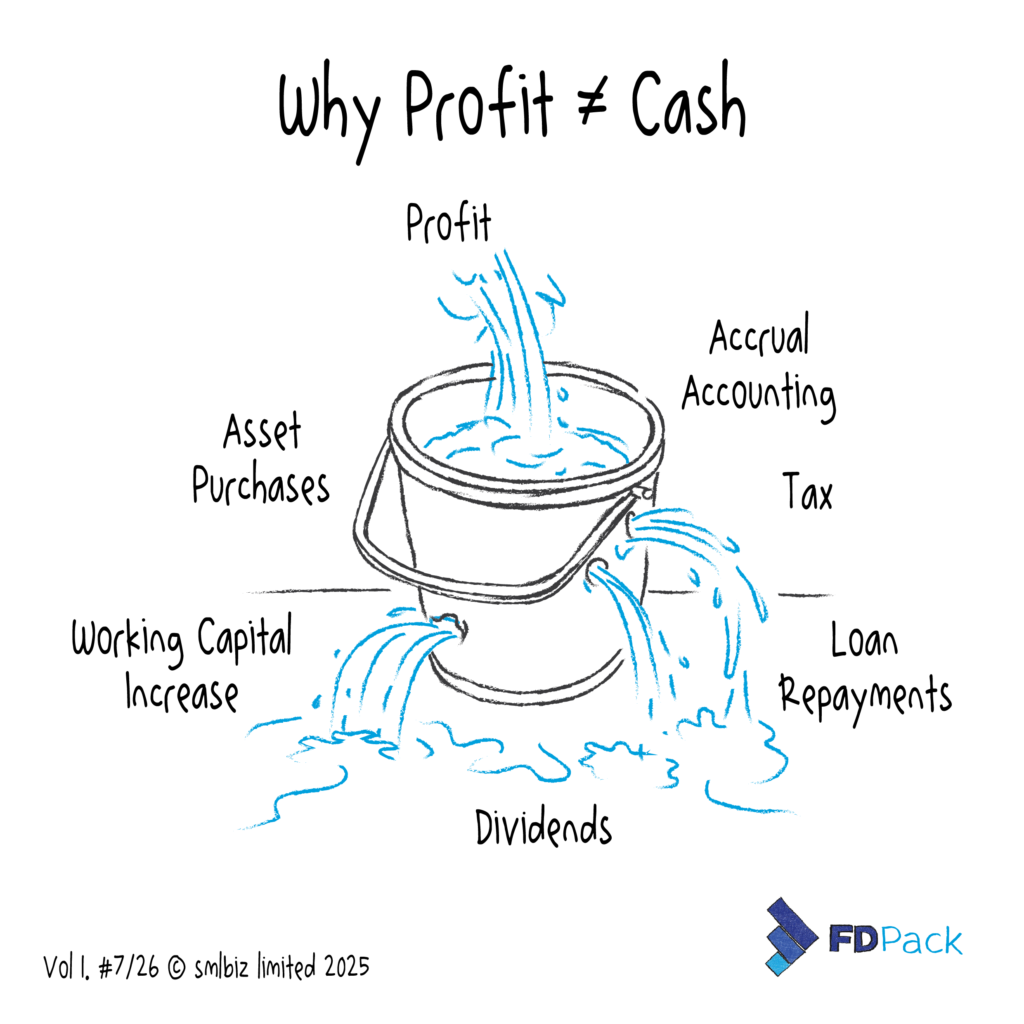 Visual explaining that profit does not always equal cash, highlighting how growing revenue can still create cash flow pressure for SMEs.