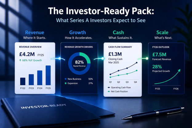 Investor-ready financial pack showing Series A revenue, growth, cash flow and scale metrics for startup funding discussions