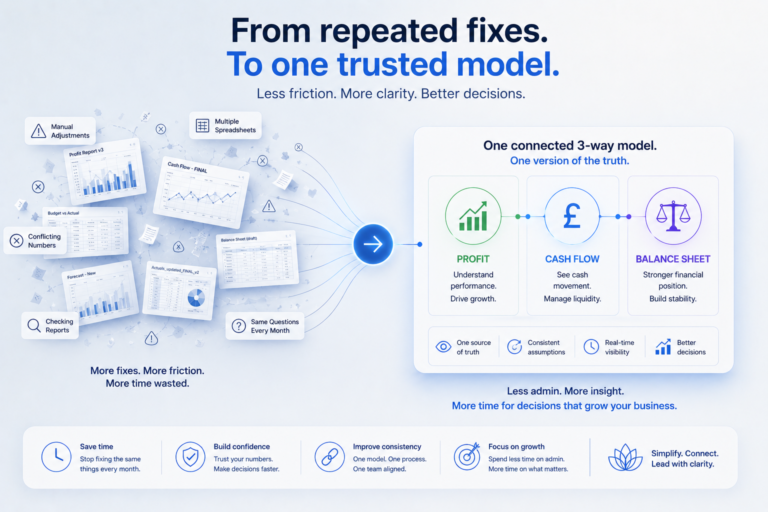 Infographic showing scattered finance reports, conflicting numbers and manual fixes being consolidated into one connected 3-way model for profit, cash flow and balance sheet clarity.