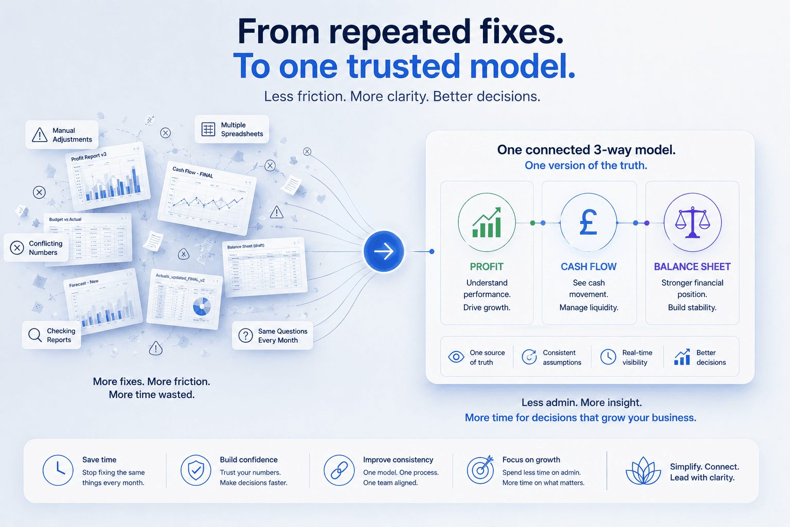 Infographic showing scattered finance reports, conflicting numbers and manual fixes being consolidated into one connected 3-way model for profit, cash flow and balance sheet clarity.